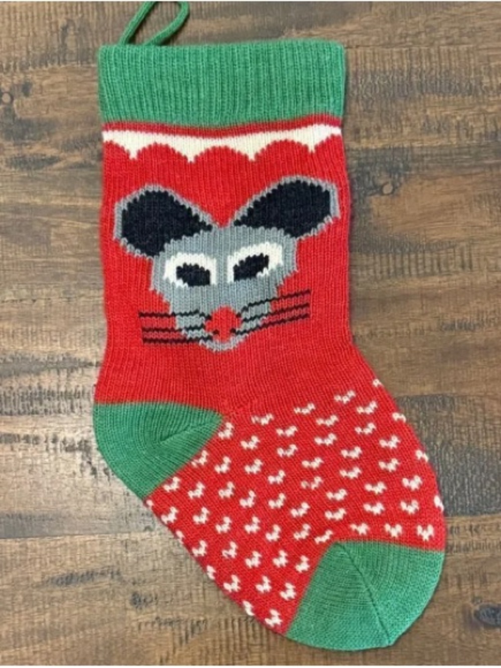 Whimsical Mouse Knit Holiday Stocking - Red and Green